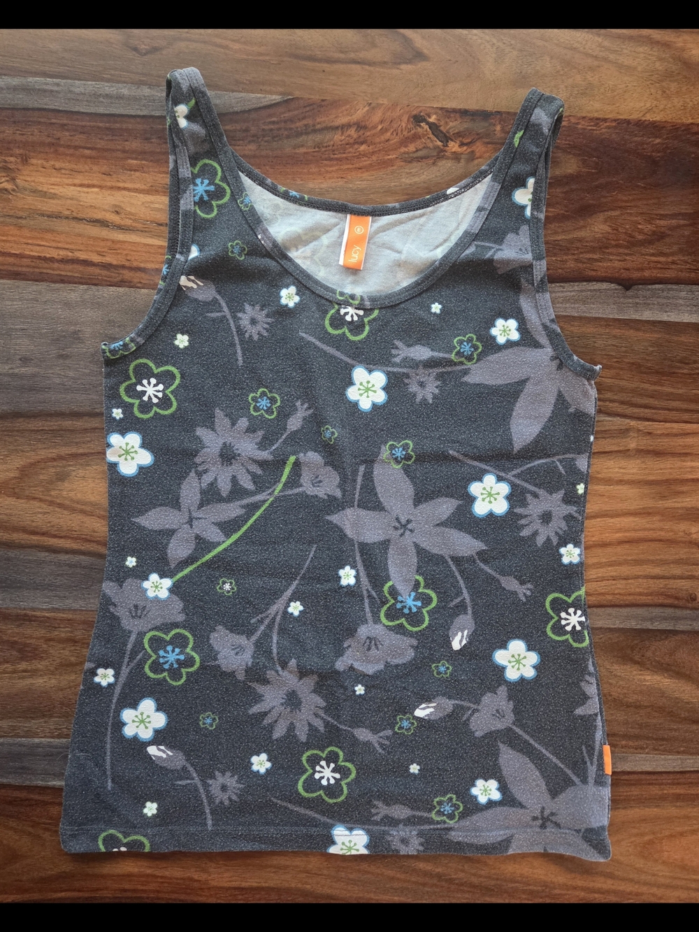 Yoga Pilates Lucy Medium Gray Floral Tank Top with Green & White Accents